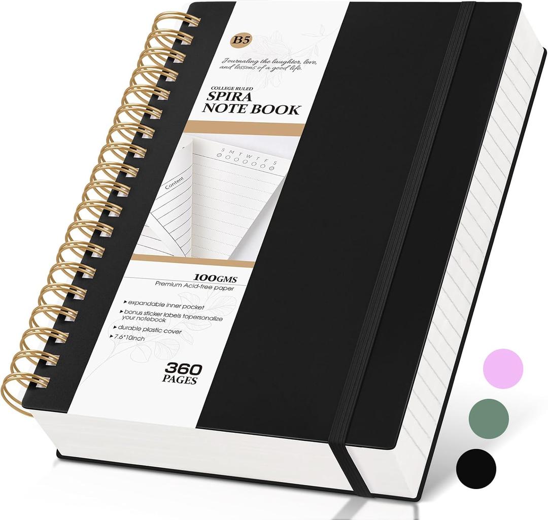 Spiral Notebook Journal College Ruled, 360 Pages Lined Thick Journals for Women Men, B5 Big Notebooks with 100GSM Paper, Spiral Bound Journaling for Writing Work School Black 7.6"10"