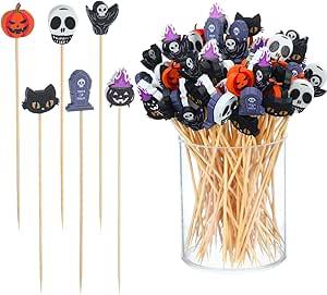 Chengu 600 Pcs Halloween Cocktail Picks 4.72 Inch Toothpicks for Appetizers Bamboo Pumpkin Cat Ghost Skewers Stick Cocktail Fruit Birthday Cupcake Topper Picks Decorative for Fruit Party Supplies