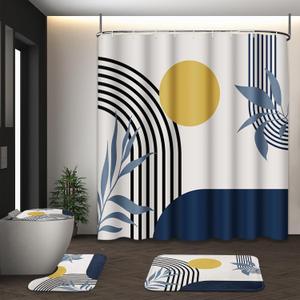 Boho Mid Century Shower Curtain Set with Toilet Lid Cover and Non-Slip Rugs, Abstract Geometric 4 Pcs Modern Minimalist Blue Yellow Vintage Shower Curtain for Bathroom Set with 12 Hooks