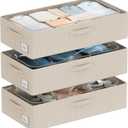 3Pcs Under Bed Storage Bins with Metal Frame - Shoe Organizer for Closet with Clear Cover Oxford Fabric Sturdy Underbed Container Foldable Stackable Clothes Organizer (Beige, 23.5x11.8x6.3)