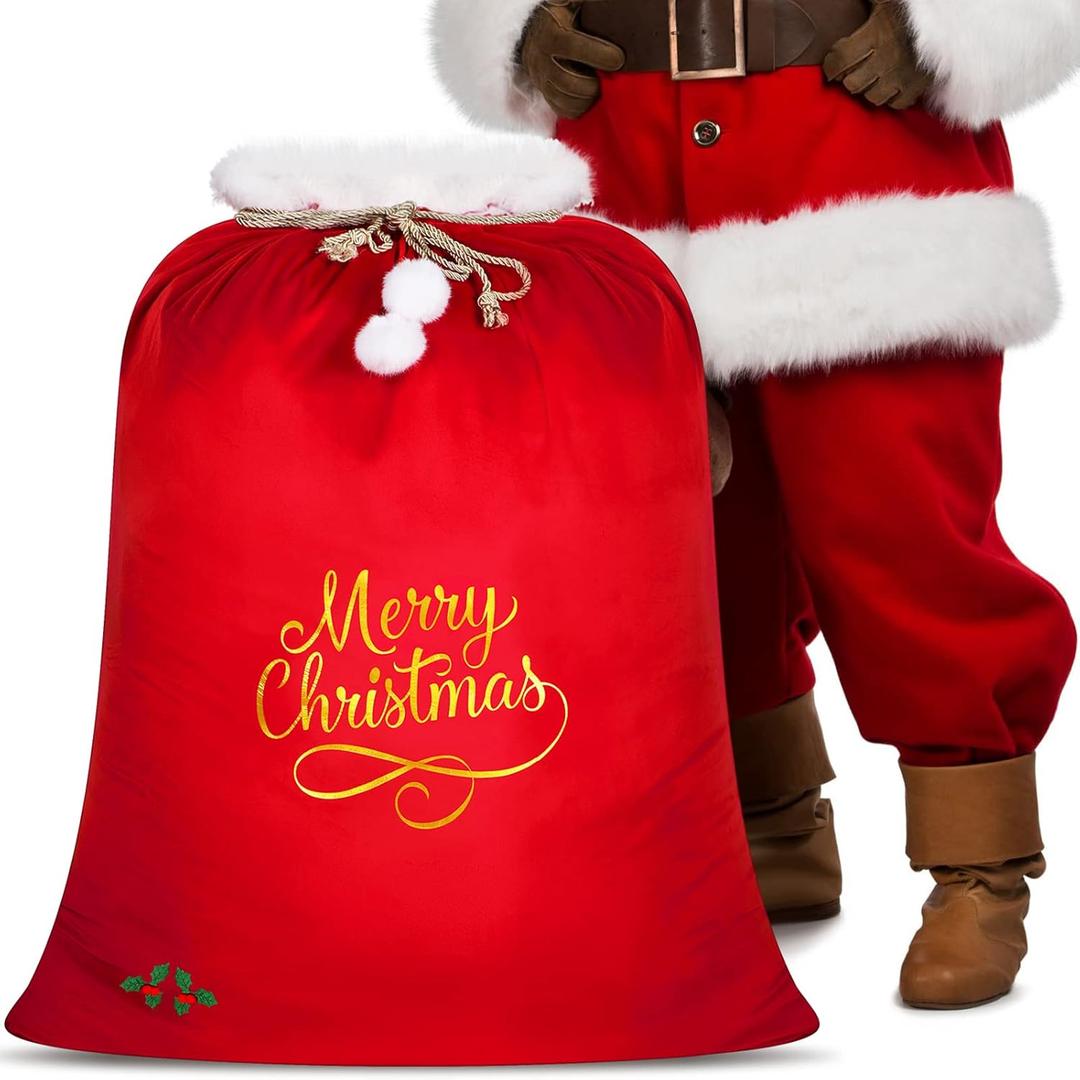 Xuniea 35 x 28 Inch Extra Large Christmas Bags Giant Jumbo Santa Sack Big Red Velvet Drawstring Gift Bags Christmas Heavy Duty Sacks for Gift Present Xmas Party Favors Supplies (1 Count (Pack of 1))