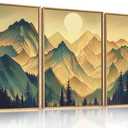 Celestdeco Mountains Forests Framed Canvas Wall Art Set, Abstract Sun Woodland Painting, Boho Scenery Sun Wall Decor, Natural Woodgrain Art Print for Living Room, Bedroom, Dining Room, Office - 16"x24"x3