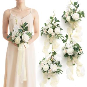 Ling's Moment Artificial Flowers White Bridesmaid Bouquet Set of 4, White & Sage Wedding Flowers Bouquets for Bridesmaids, 7 Inch Bridal Bouquets for Bridesmaids, Wedding, Ceremony, Anniversary, etc (Wht-white & Ivory)