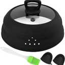 Microwave Splatter Cover Glass 10.5 Inch Microwave Cover for Food with Handle Collapsible Silicone Microwave Cover with Steam Vent for Pot Plate Bowl (Black)