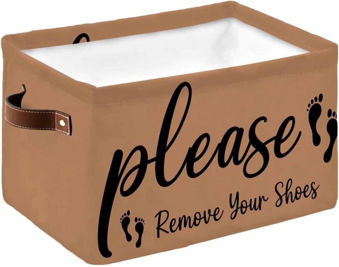 Please Remove Your Shoes Storage Basket Waterproof Cube Storage Bin Organizer with Handles, Farmhouse Brown Collapsible Storage Cubes Bins for Clothes Books Toys 15"x11"x9.5"