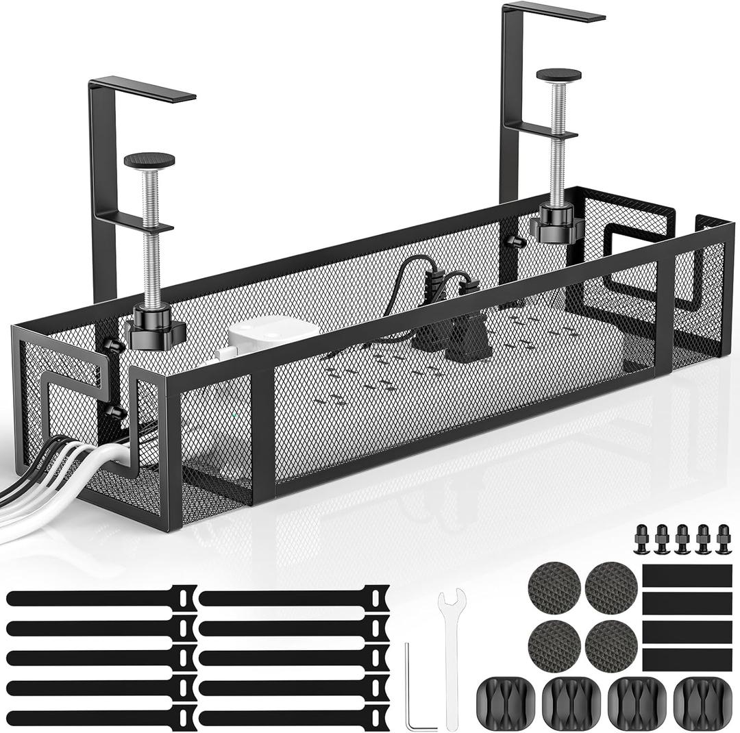 Under Desk Cable Management Tray, GZOKMOG No Drill Cable Management Under Desk, Heavy Duty Metal Cord Organizer, Home Office Wire Management for Gaming/Standing Desk, 1 Pack Black, 15.75 inch