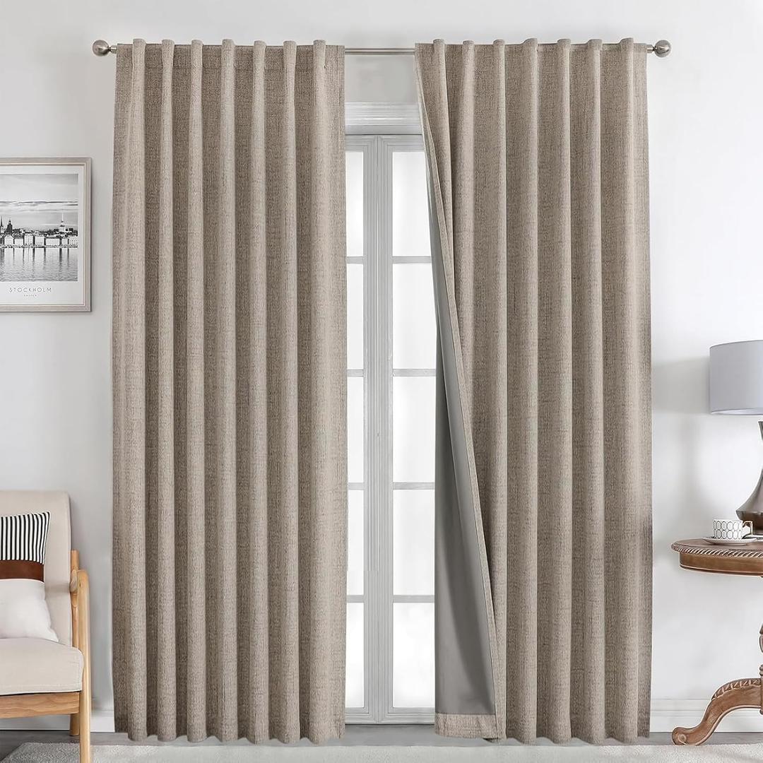 Joydeco 100% Blackout Curtains 90 inches Long Faux Linen Drapes 2 Panels Set Burg for Bedroom Living Room Black Out Darkening Curtain Thermal Insulated Back tab Rod Pocket(52x90 inch,Linen) (52"W x 90"L (Pack of 2))
