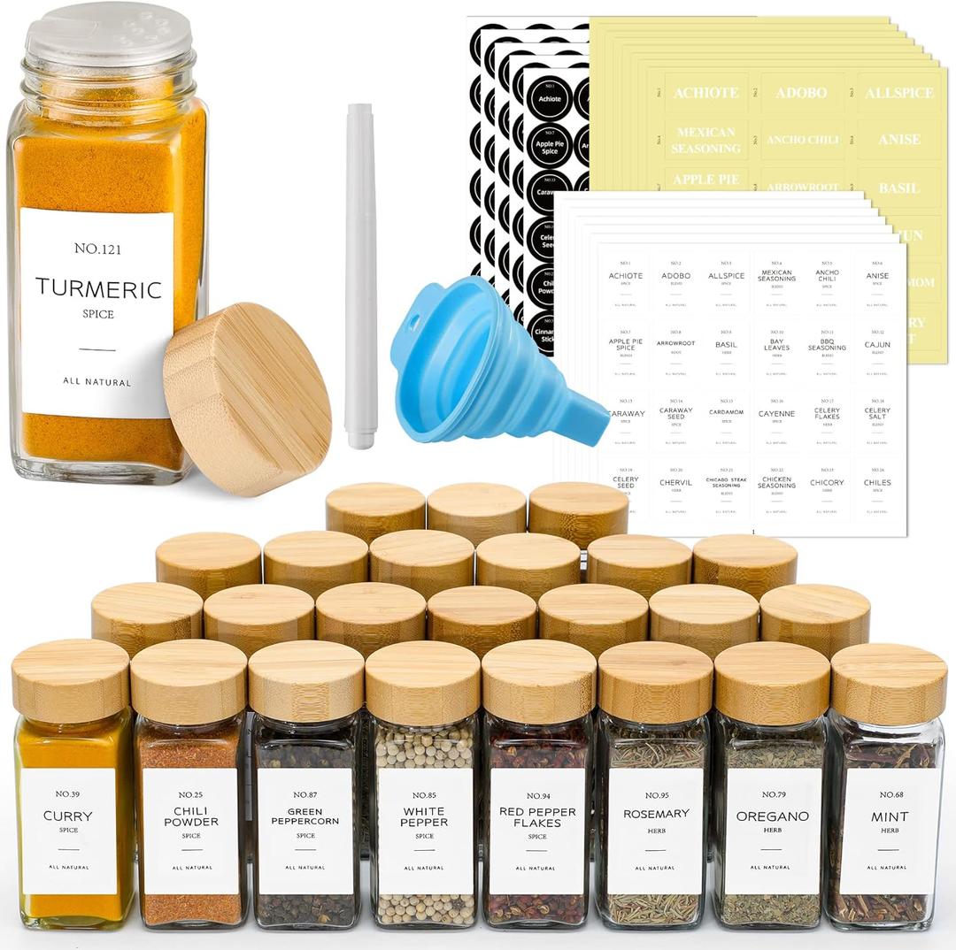 NETANY 23 Pcs Glass Spice Jars with Bamboo Lids, 4 oz Glass Jars with Minimalist Farmhouse Spice Labels Stickers, Collapsible Funnel, Seasoning Storage Bottles for Spice Rack, Cabinet, Drawer