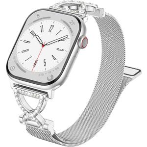 JKD Slim Metal Band Compatible with Apple Watch Bands for Women 40mm 42mm 41mm 38mm, Diamond X-Shape Stainless Steel Magnetic Loop for iWatch Series 11/10/9/8/7/6/5/4/3/2/1 SE3/2/1 (Silver)