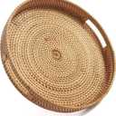 Coffee Table Tray Round Rattan Ottoman Tray Woven Serving Trays with Handles for Home and Kitchen Decorative Natural (Large 16.9 inch)