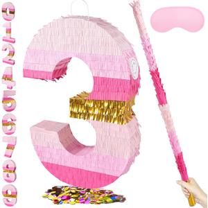 PCFING 20 Inch Number 3 Piata Pink Gold with 30 Inch Piata Stick Blindfold Confetti for Boys Girls Adults Birthday Party Decorations, Anniversary Celebration, Fiesta