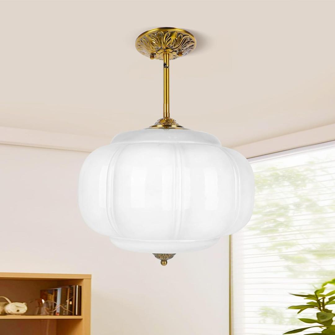 15in White Milk Glass Ceiling Light Fixture, LED Bulb Included, Vintage Semi Flush Mount Pendant Light Antique Brass Mid Century Art Deco Chandelier for Kitchen Dining Room Hallway Bedroom