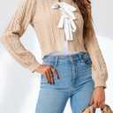 Saodimallsu Womens Cropped Cable Knit Cardigan Sweaters Long Sleeve Bow Tie Front Crew Neck Chunky Sweater Tops (Beige, S)