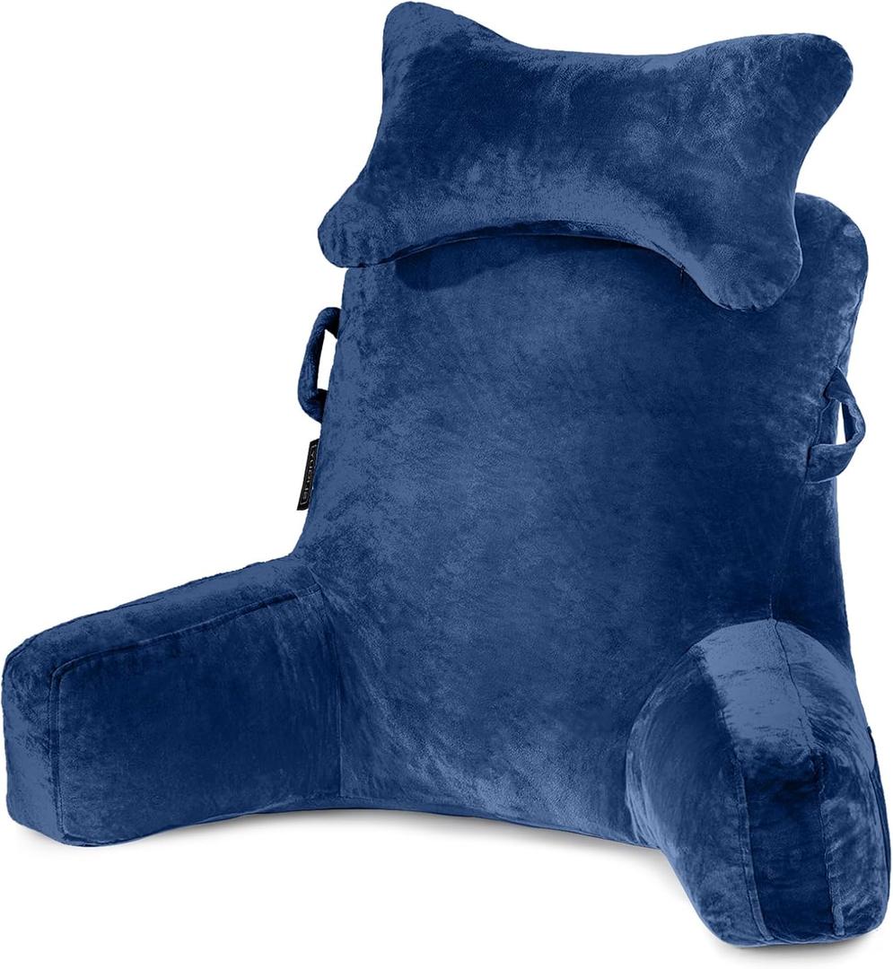 SLIGUY Reading Pillow-Bed Rest Pillow with Detachable Neck Roll & Higher Support Arm for Sitting in Bed Couch or Floor-Backrest Reading Pillow Adult Back Pillow for Reading/Watching TV/Gaming,Blue (Medium)