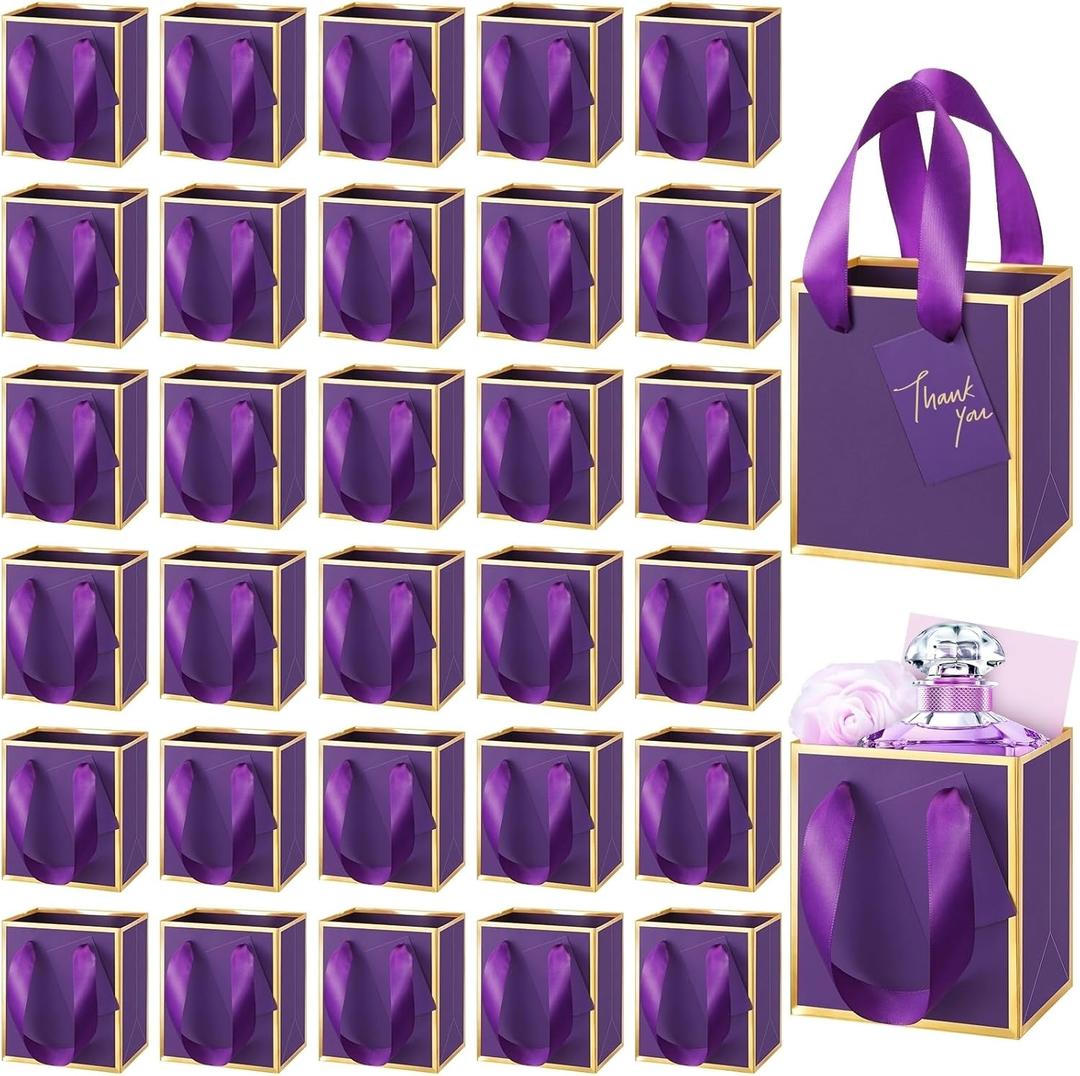 Yeaqee 50 Pcs Mini Metallic Paper Gift Bags with Handles 4x2.75x4.5'' Tiny Small Gift Bags with Thank You Tag for Wedding Favor Birthday Welcome Return Gifts(Dark Purple, Gold)