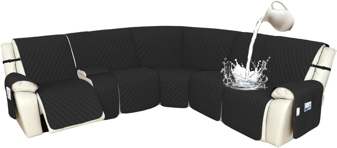 Arfntevss Recliner Sectional Couch Covers 1OO% Waterproof L Shape Sofa Cover for Reclining L Shaped Sectional Slipcover Dog Washable Corner Non Slip Protector (5 Seater with 1 Console, Black)