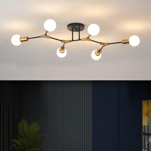 Modern Mid Centur 6 Light Semi Flush Mount Ceiling Lighting Fixture for Living Room Bedroom Dining Room Hallway Kitchen Office,Minimalist Gold and Black Sputnik Chandelier