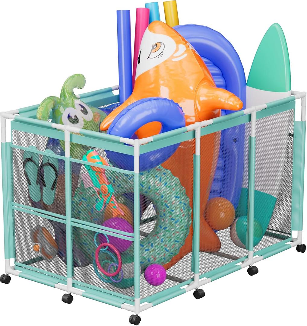 Pool Float Storage  Outdoor Pool Toy Storage Organizer for Pool Noodles, Toys, Floats, Balls, and Equipment, Mesh Rolling Storage Organizer Bin, Cyan