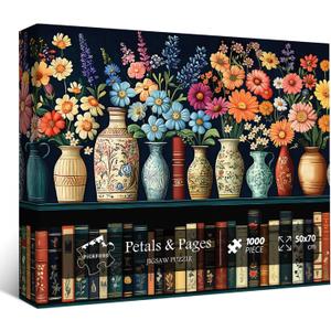 Wildflower Puzzles for Adults 1000 Pieces, PICKFORU Vintage Flower Book Puzzle, Wildflower Pages Jigsaw Puzzle for Book Lover, Floral Art Bookshelf Library Puzzles