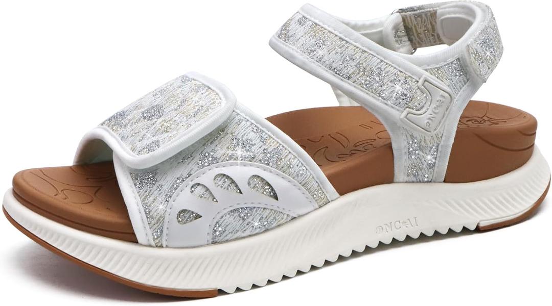 ONCAI Walking Sandals Women,Arch Support Hiking Sandals with Orthotic Outdoor Footbed for Plantar Fasciitis,Water Athletic Platform Sandalias Mujer with 3 Adjustable Strap (US Size 6-12) (8, Glitter White/Khaki)