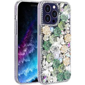 Omorro Compatible with iPhone 14 Pro Max Bling Case Luxury Glitter Rhinestone Diamond Crystal Sparkle Rose Flower Pearl Floral Soft Bumper Protective Case Cover for Women Girls Green