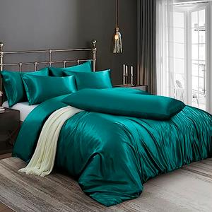 Ersmak 6 Pieces Satin Duvet Cover King Size Luxury Silky Bedding Duvet Cover Set with 1 Soft Duvet Cover, 4 King Pillowcases and 1 Body Pillowcase, Teal