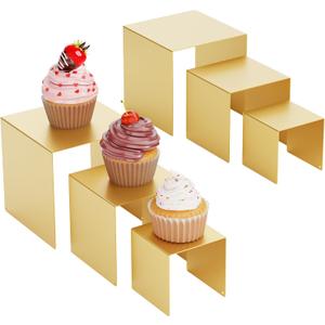 Matte Metal Display Stand,6 Pcs 2 Set Display Risers for Display, Metal Rectangular Display Shelf for Showcase, Dessert, Toys, Perfume (Gold, 3''x4''x5)