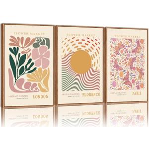 Tinonedraw Boho Flower Market Framed Canvas Wall Art Set, Pink Beige Cute Butterfly Wall Decor, Colorful Abstract Floral Wall Painting, Modern Matisse Art Print for Girls Room Bedroom Office Nursery 16"x24"x3