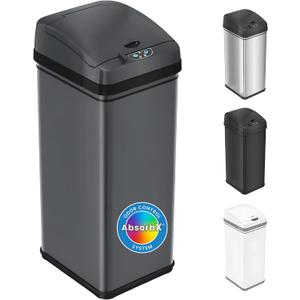 iTouchless 13 Gallon Smart Bin with Odor Filter, 50L Touchless Stainless Steel Kitchen Trash Can, Automatic Motion Lid, Fingerprint-Proof, Hands-Free Pet-Safe Lock & Soft-Close, Modern Gunmetal Gray