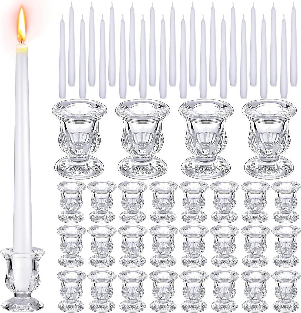 48 Pcs Taper Candlestick Holder Clear Glass Candle Holder with 10 Inch White Candles 8 Hours Burn Time Smokeless Candles for Wedding Table Centerpiece Party Decorations