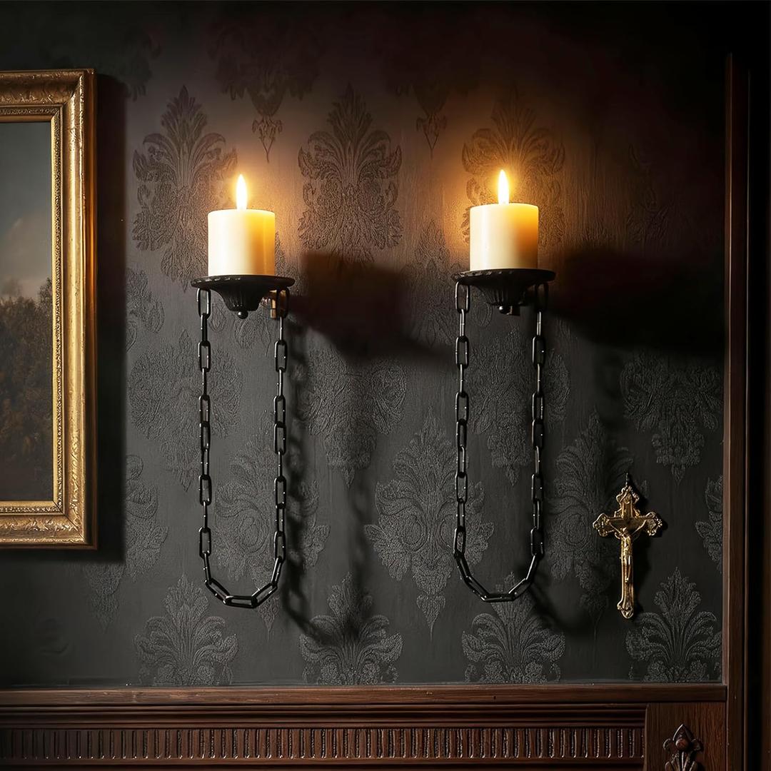 Candle Sconce (Set of 2)-Medieval Metal Wall Decorations-Gothic Retro Chain Wall Candle Sconces-Black Wall Sconces