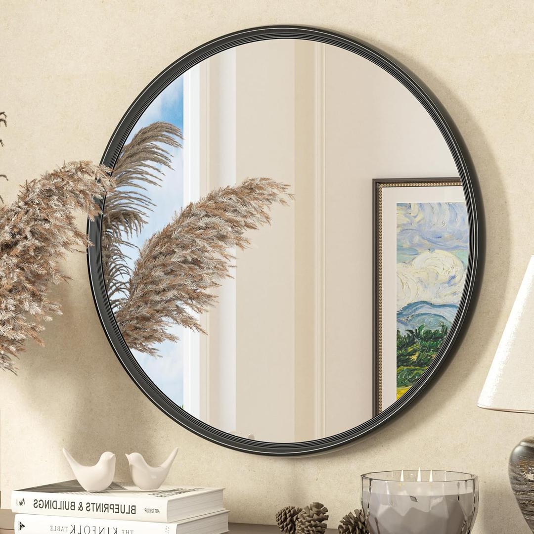TETOTE Black Round Mirror 24 inch for Wall, Living Room, Bedroom, Vanity, Entryway