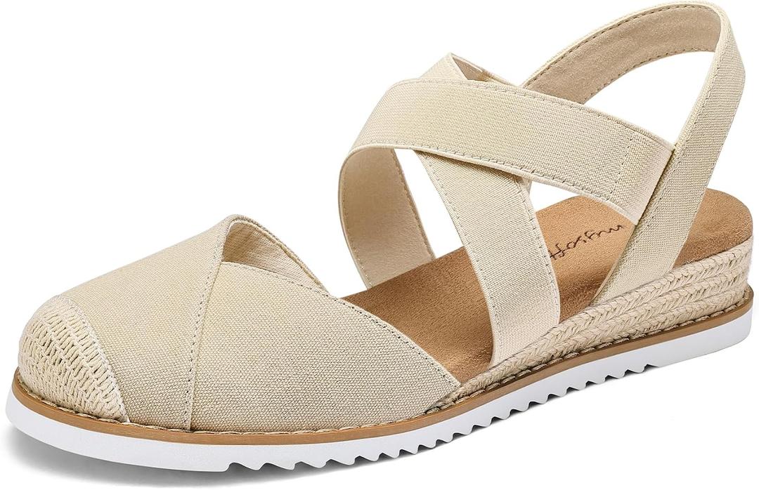 mysoft Womens Wedge Sandals Low Heel Comfortable Closed Toe Espadrilles Slip-on Elastic Ankle Strap Walking Shoes 11
