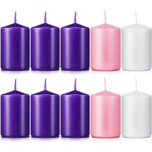 Amylove 10 Pcs 2 x 3 Inch Advent Pillar Candles Set Pink Purple Christmas Unscented Lasting Burning Church Candles for Advent Wreath Holiday Gifting
