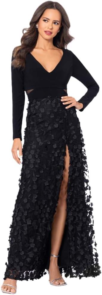 Xscape Women's Long Sleeve V-Neck Floral Skirted Floor Length Gown, Black, 6P