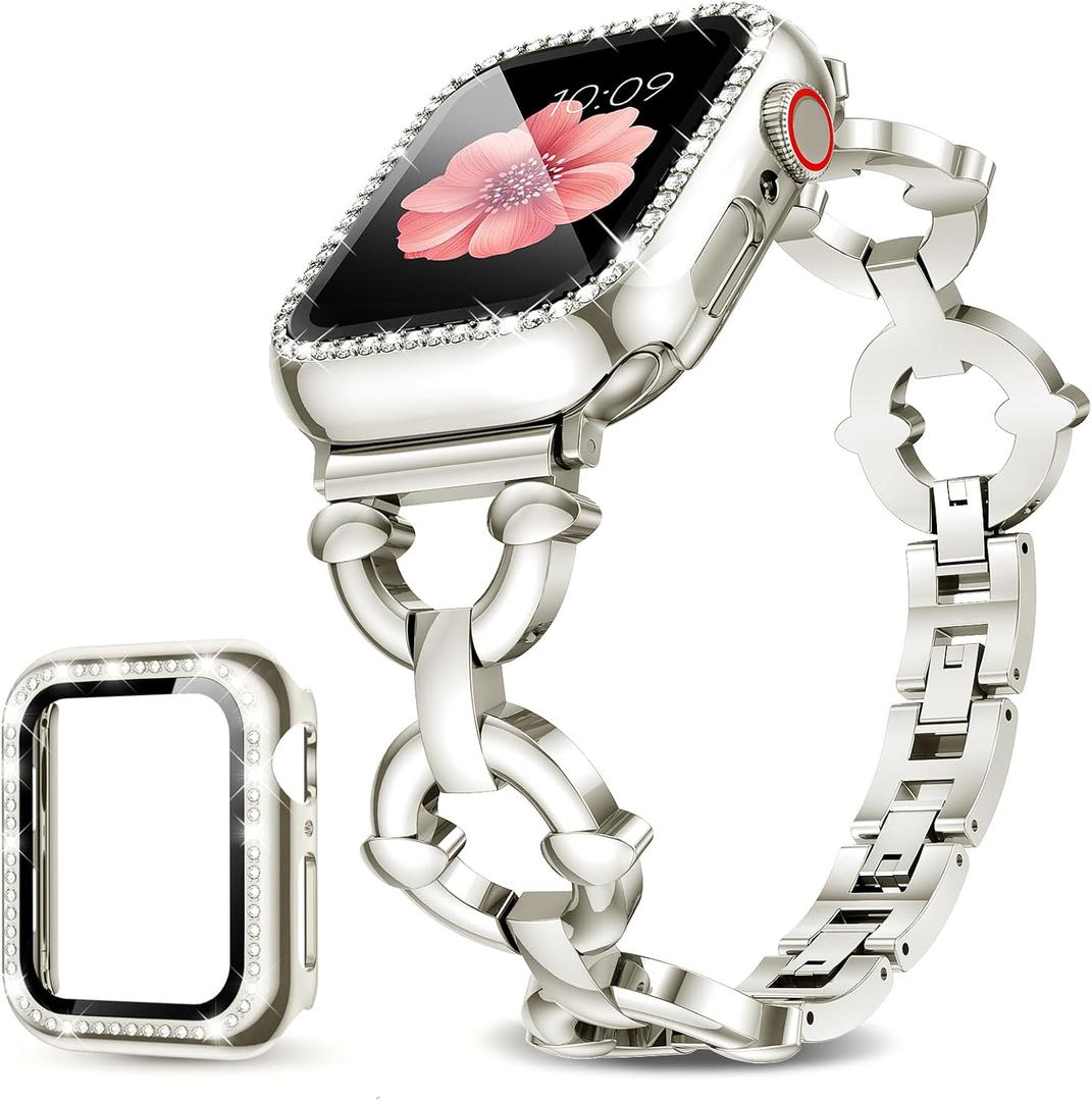 Compatible with Apple Watch Band 38mm 40mm 41mm 42mm 44mm 45mm 46mm, Women Bling Jewelry Bands with Tempered Glass Screen Protector Case, Shiny Strap for iWatch Series 11/10/9/8/7/6/5/4/3/2/1/SE