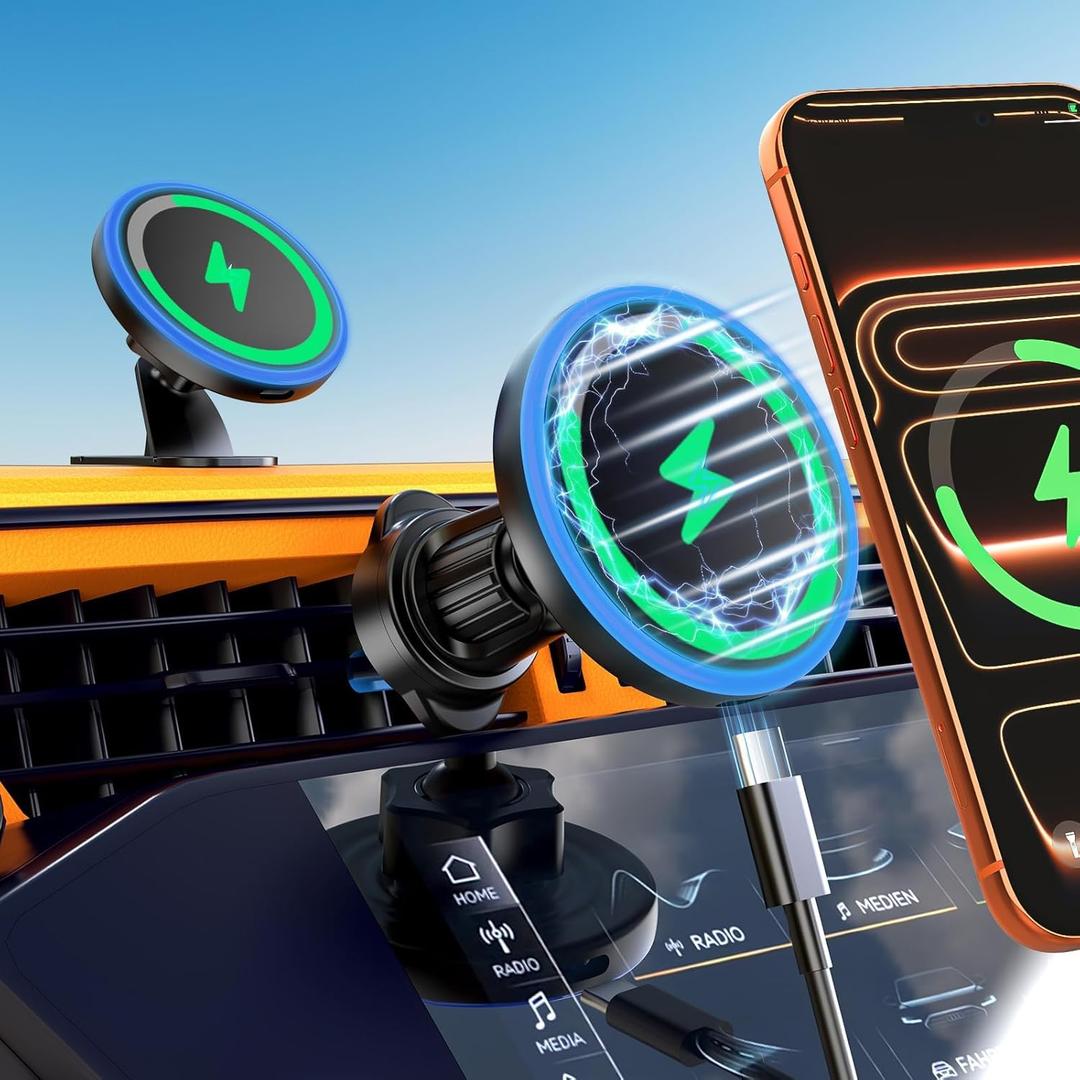 MagSafe Car Mount Charger, 3 in 1 [LED RGB HandsFree] Wireless Car Charger, Magnetic Phone Holders for Your Car- Fast Charging Car MagSafe Charger for iPhone 17/16/15/14/13/12 Series, for Men Women