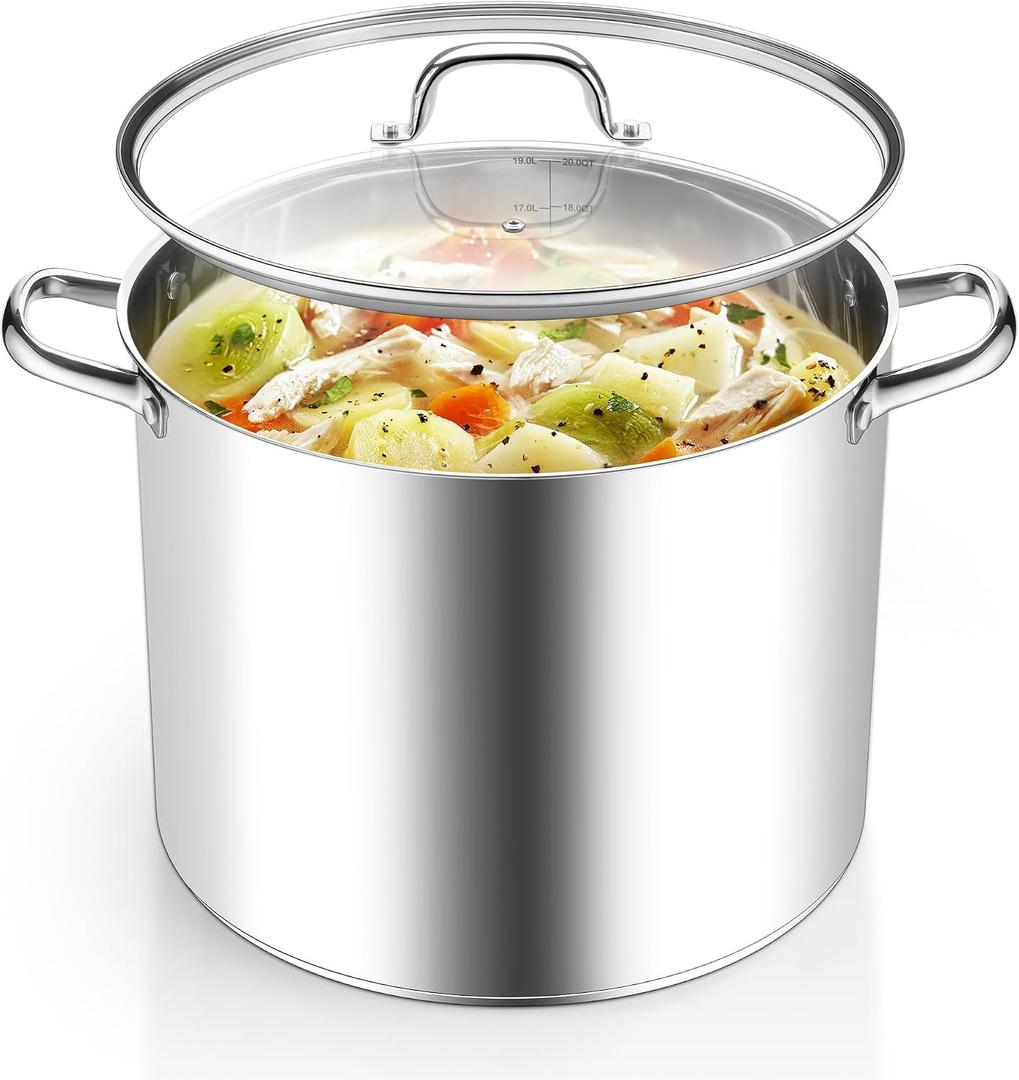 Homikit 20 Quart Soup Pot with Lid, Large Stainless Steel Stock Pot with Double Handles, Heavy Duty Cookware Induction Stockpot for Canning Steaming Simmering, Compatible All Cooktops, Dishwasher Safe, 20QT