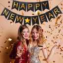 2 x Happy New Years Decorations Banner 2026, Black Gold Nye New Years Eve Party Supplies for NYE Decorations Photo Props for Home Wall Fireplace Mantel Fireplace