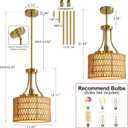 11.8" Modern Boho Rattan Gold Pendant Light Adjustable Rod Vintage Farmhouse Drum Fabric Pendant Light Fixture Woven Bamboo Wicker Pendant Lights for Kitchen Island, Dining Room, Bedroom