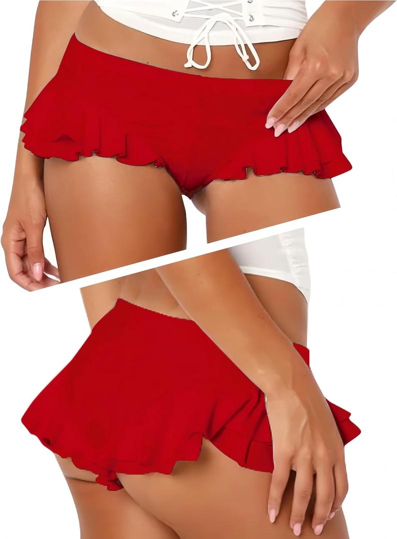 Ruffle Booty Shorts for Women Sexy - Summer Y2K Low Rise Side Frill Micro Mini Skinny Party Clubwear Red XS