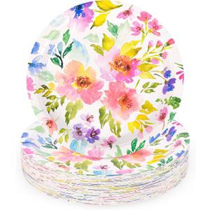 48Pcs Floral Paper Plates Spring Summer Flowers Disposable Party Dessert Plate 7" Watercolor Purple Pink Bouquet Meadow Plates for Birthday Wedding Baby Bridal Shower Party Supplies (48)