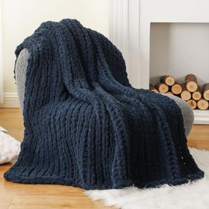 Battilo Navy Chunky Knit Throw Blanket, Soft and Thick Navy Blue Chenille Throw Blanket, 50"x60" Handmade Cable Knit Crochet Blanket, Rope Knot Knitted Throw Blankets for Couch Home Decor, Navy