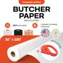 White Butcher Paper 36" x 2160" (180 feet) with Cutter - USA-Made Natural Butcher Paper Roll for Meat and Fish - Uncoated, Unwaxed & Food-Grade Material for Smoker, Grilling & BBQ by IDL Packaging