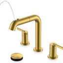 KENES Brushed Gold Pull Down Bathroom Faucet, 8 Inch 2 Handle Widespread Bathroom Faucet 3 Hole with Pull Out Sprayer, Bathroom Sink Faucet with Pop Up Drain & Supply Lines LJ-9058A-4