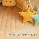 Teepee Tent for Kids with Mat, Cotton Canvas Kids Teepee with Pompom for Toddlers Indoor Play Tent for Girls Boys with Stars Lights, Carry Bag, Banner Flag (Khaki)