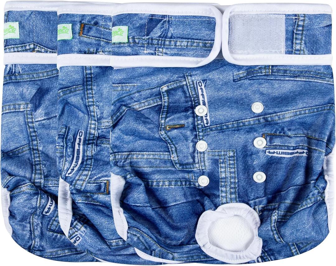 wegreeco Washable Female Dog Diapers Highly Absorbent Reusable Diapers for Dog in Heat Period, 3 Pack (Blue Jeans, Large) (Large (15"-17" Waist))