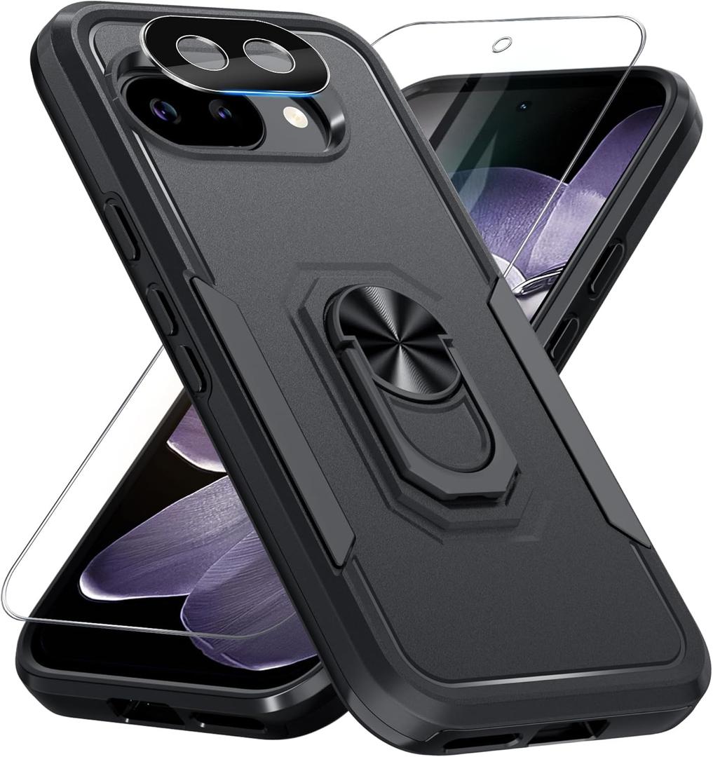 for Google Pixel 9a Case with Screen Protector+Camera Lens Protector,Heavy Duty Shockproof Full Body Protective Cover Built in Rotatable Metal Ring Holder Kickstand,2025 Black Matte for Google Pixel 9a Case with Screen Protector+Camera Lens Protector,Heavy Duty Shockproof Full Body Protective Cover Built in Rotatable Metal Ring Holder Kickstand,2025 Black Matte