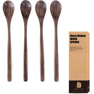 Black Walnut Wood Coffee Spoons, 4 Pcs Spoons for Espresso, Tea, Long Spoon for Stirring, Premium Wooden Spoons Set