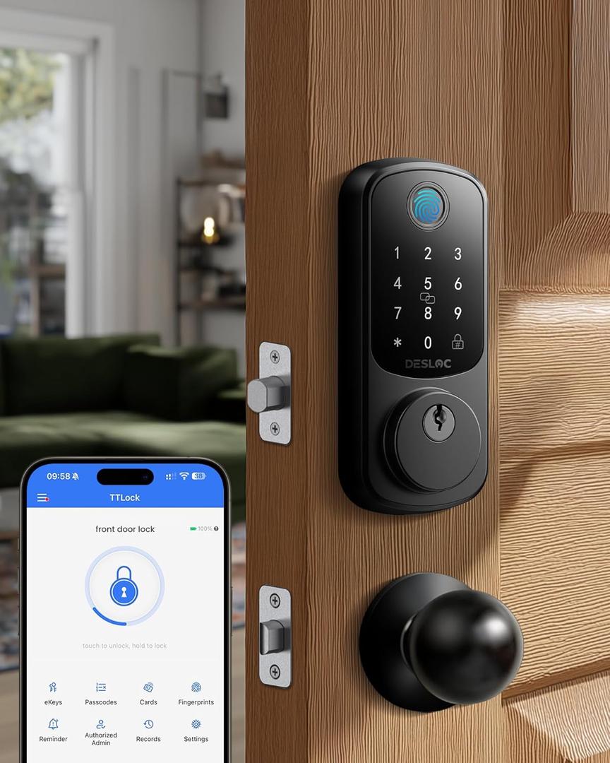 DESLOC B200 Fingerprint Smart Lock with 2 Knobs, Keyless Entry Front Door Lock Set, Electronic Keypad Deadbolt, App Control, Auto Lock, Long Battery Life,Matte Black